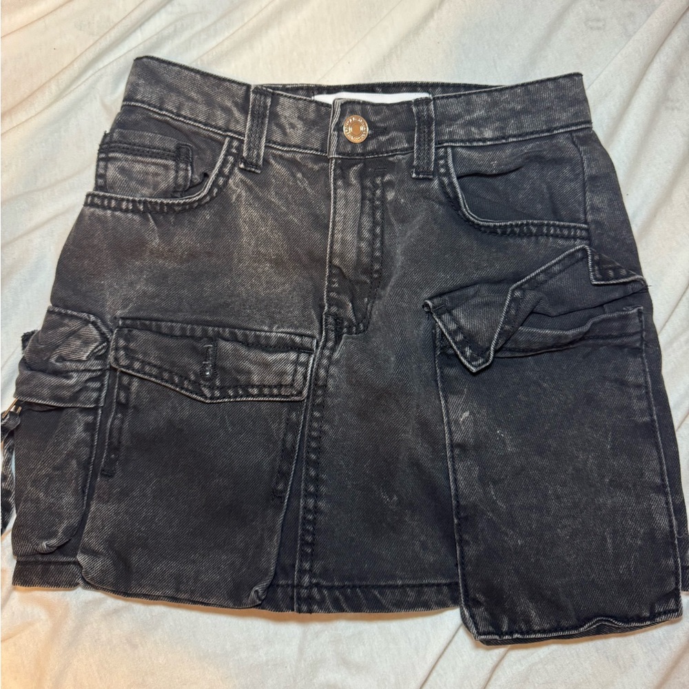 Black Denim Cargo Skirt